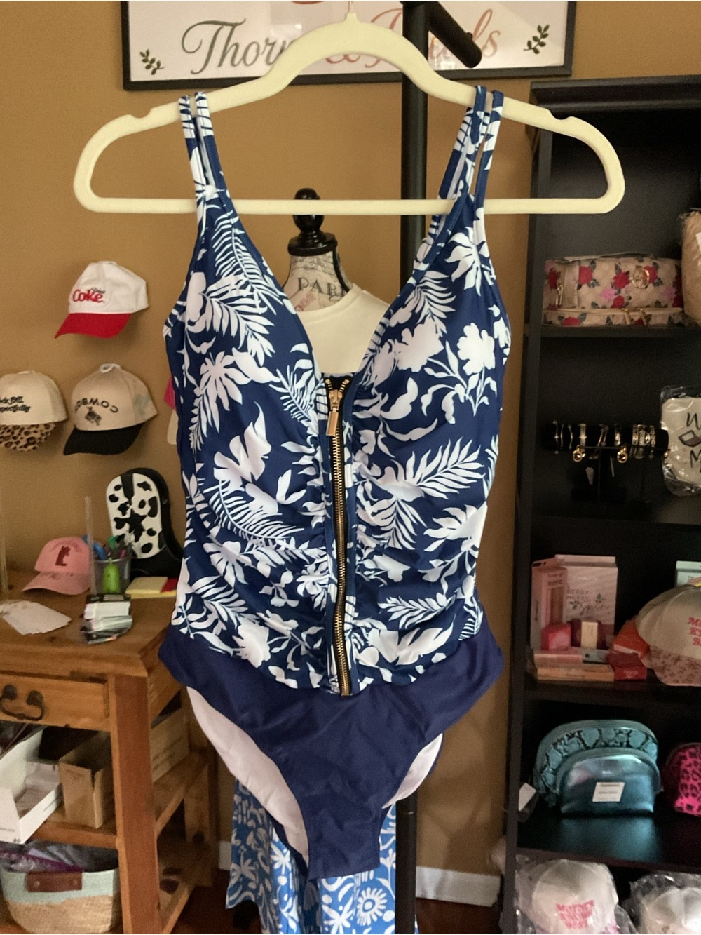 Navy Floral Zip-Front One-Piece Swimsuit with Ruched Waist